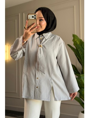 Suede Style 6463 - Şık Rahat Kravat Detaylı Dokuma Şeftali Kumaş Kadın Gömlek