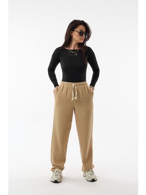 Cocopelli Tasarım Fitilli Kumaş Bej Baggy Kadın Pantolon COC3762