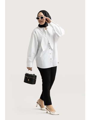 Suede Style 6408- Şık Rahat Kravat Detaylı Dokuma Poplin Kumaş Kadın Gömlek