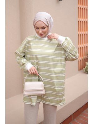 İmaj Butik Yeşil Bisiklet Yaka Çizgili Sweatshirt