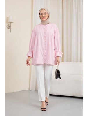 Moda Morfo Fırfır Detaylı Kolu Bağcıklı Taş Düğmeli Cupra Tunik -Pembe