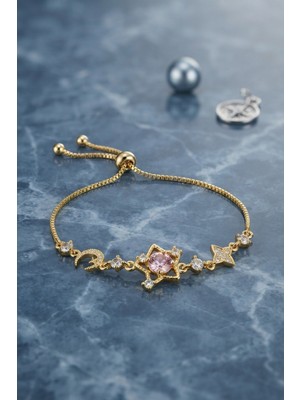 Sungur's Store Pembe Taşlı Yıldız Model Gold Renk Zirkon Taşlı Asansörlü Bileklik 5886-1492
