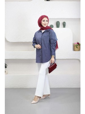 Suede Style 6433 -Şık Rahat Çizgili Gabardin Ince Kot Kadın Gömlek
