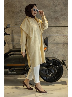 Suede Style 6435 - Rahat Düğmeli Şal Detaylı Uzun Kadın Viva Kap