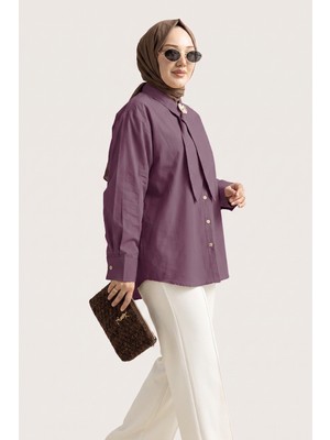 Suede Style 6408- Şık Rahat Kravat Detaylı Dokuma Poplin Kumaş Kadın Gömlek