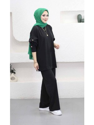 Suede Style 6352 - Şık Rahat Manu Garnili Kol Düğme Detaylı Yumuşak Örme Kumaş Kadın Takım