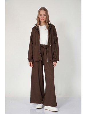 Suede Style 5804 - Şık Rahat Kapüşonlu Fermuarlı Pantolonlu Kadın Takım