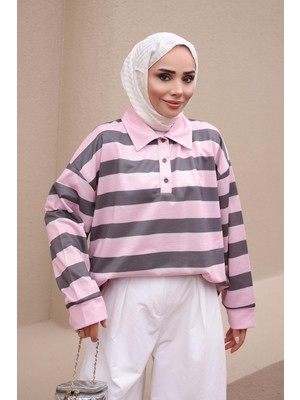 İmaj Butik Pembe Polo Yaka Çizgili Seweatshirt