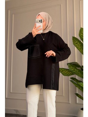 Suede Style 6709 - Rahat, Salaş 2 Iplik Şeftali Kumaş Garnili Cep Detaylı Kadın Sweatshirt