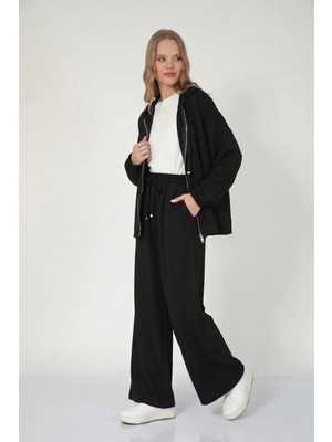 Suede Style 5804 - Şık Rahat Kapüşonlu Fermuarlı Pantolonlu Kadın Takım