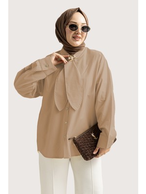 Suede Style 6408- Şık Rahat Kravat Detaylı Dokuma Poplin Kumaş Kadın Gömlek