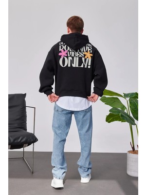 Hiccup Erkekler NOMARC Baskılı Kapüşonlu Bol Sweatshirt Siyah