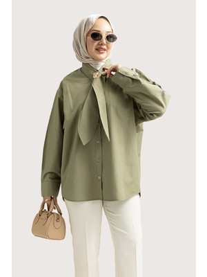 Suede Style 6408- Şık Rahat Kravat Detaylı Dokuma Poplin Kumaş Kadın Gömlek