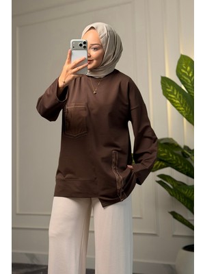 Suede Style 6709 - Rahat, Salaş 2 Iplik Şeftali Kumaş Garnili Cep Detaylı Kadın Sweatshirt