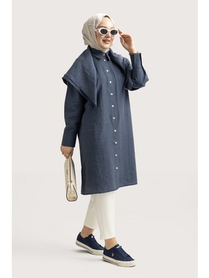 Suede Style 6435 - Rahat Düğmeli Şal Detaylı Uzun Kadın Viva Kap