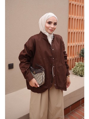 İmaj Butik Kahverengi Oversize Çıt Çıtlı Gabardin Ceket