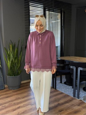 Suede Style 6441 - Rahat, Salaş Basic Modal Dantel Detaylı Basic Interlok Örgü Kadın Uzun Sweatshirt