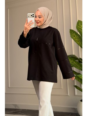 Suede Style 6259 - Rahat, Salaş Kadın 2 Iplik Nakışlı Uzun Sweatshirt