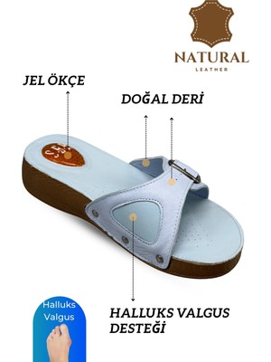 Sermoda Hakiki Deri Kadın Terlik - Halluks Valgus Destekli Jel Taban Kadın Terlik Bebe Mavi