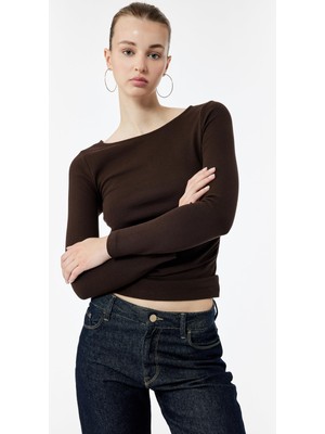Rafta Pamuklu Slim Fit Büzgülü Kayık Yaka Uzun Kollu Tişört