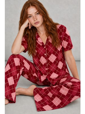 Kadın Kısa Kol Desenli Kırmızı Pijama Takımı 4730
