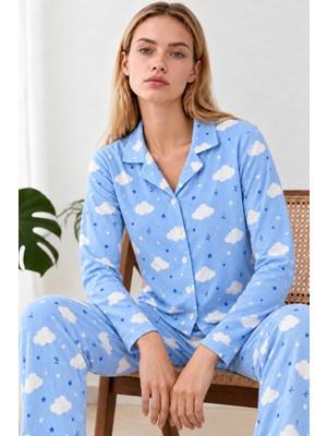 Miss Art Kadın Desenli Gömlek Yaka Mavi Pijama Takımı 4831