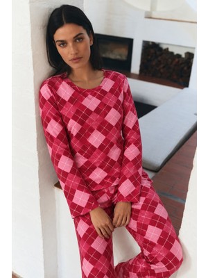 Meca Kadın Çizgili Regular Şık Kırmızı Pijama Takımı