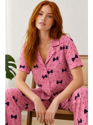 Miss Art Kadın Kısa Kol Desenli Pembe Pijama Takımı 4729