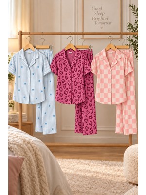 Meca 3 Adet Kadın Kısa Kollu Rahat Pijama Takımı Yeşil