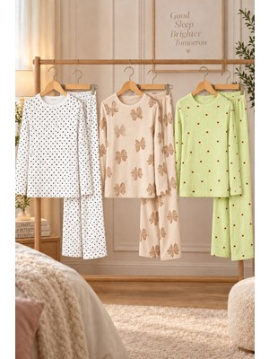 Meca 3'lü Kadın Desenli Uzun Kollu Pijama Takımı Yeşil