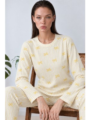 Miss Art Kadın Çizgili Rahat Desenli Ikili Sarı Pijama Takımı 4797