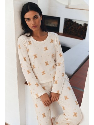 Meca Kadın Şık Esnek Ekru Pijama Takımı