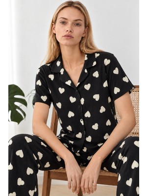 Miss Art Kadın Kalpli Kısa Kollu Siyah Pijama Takımı 4825