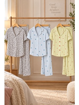 Meca 3 Adet Kadın Kısa Kollu Rahat Pijama Takımı Mavi