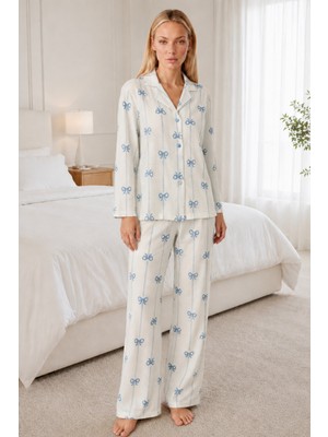 Miss Art Kadın Desenli Relaxed Beyaz Pijama Takımı 4661