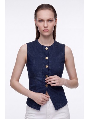 Hakke Gold Düğmeli Dikiş Detaylı Denim YELEK