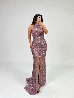 Ola Tessa Halter Yaka Full Payetli Pembe Renk Abiye Elbise