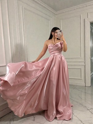 Ola Galya Tek Kol Saten Parlak Pudra Pembe Abiye Elbise