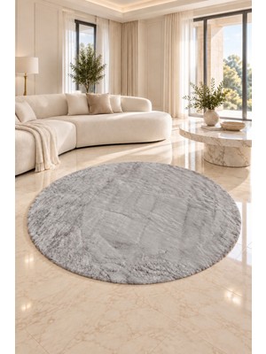 Dekoset Home Tavşan Tüyü Düz Gri Yuvarlak Yumuşak Yıkanabilir Tabanlı Peluş Halı