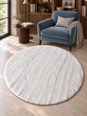 Dekoset Home Tavşan Tüyü Düz Beyaz Yuvarlak Yumuşak Yıkanabilir Tabanlı Peluş Halı