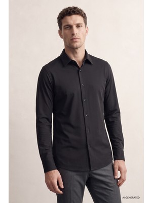 Twn Slim Fit Siyah Düz Travel Gömlek