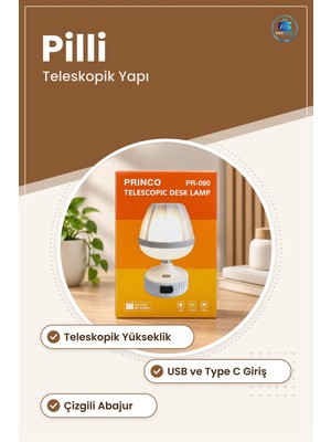 Masa ve Gece Lampı Abajur Teleskopik Pilli USB Type C Girişli Okuma Çalışma Aydınlatması