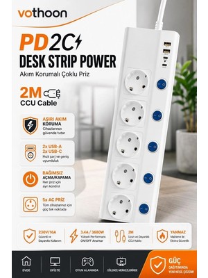 Marsilyan 5’li Akım Korumalı Çoklu Priz 2 Metre Kablolu 3680W 16A 5 Anahtarlı 2usb-A 2 Usb-C Pd 20W Hız