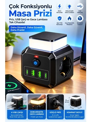 Marsilyan Akım Korumalı 3’lü Priz 2200W 1050J 10A Gece Lambalı 2 USB 2 Type-C Şarj Girişli Bsp-4