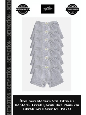 Özel Seri Modern Stil Tiftiksiz Konforlu Erkek Çocuk Düz Pamuklu Likralı Gri Boxer 6'lı Paket
