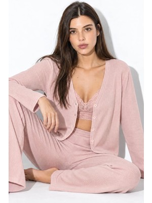 Hiccup Kadınlar Yumuşak Dokulu Fitilli Kaşkorse Örme Düğmeli Hırka Pijama Takımı Allık Pembe