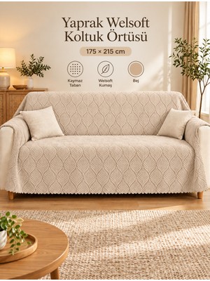 La Lune Home Yaprak Desenli Welsoft Kaymaz Taban Koltuk Örtüsü 175 × 215 cm Bej-Gri-Antrasit-Krem