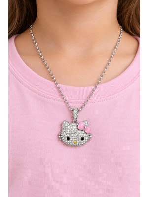 Herşey Nota 316L Paslanmaz Çelik Hello Kitty Pembe Fiyonklu Gümüş Renk Zincirli Şık Kolye Modeli
