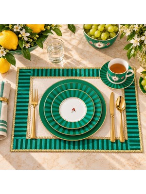 Lilies Atelier Nakışlı Keten Amerikan Servis 35X50 cm 2’li Set | Yeşil Gold Detaylı Lüks Sofra Servisi