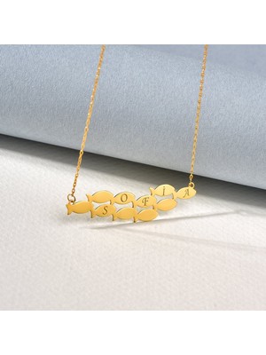 Nox Jewelry 14 Ayar Altın Kaplama 925 Ayar Gümüş Kişiye Özel Isimli Balık Sürüsü Figürlü Kadın Kolye